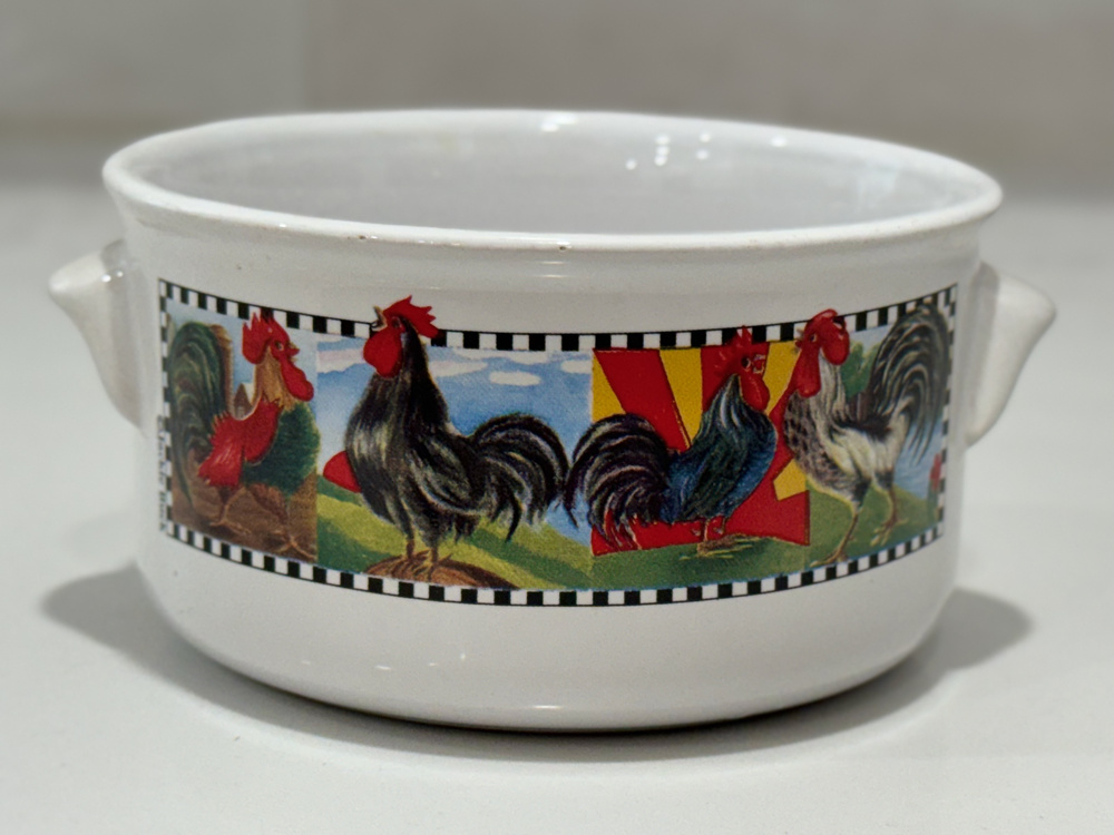 Vintage Jackie Buck Rooster Soup Crock Bowl Checked Double Handlen Y2K Farmhouse